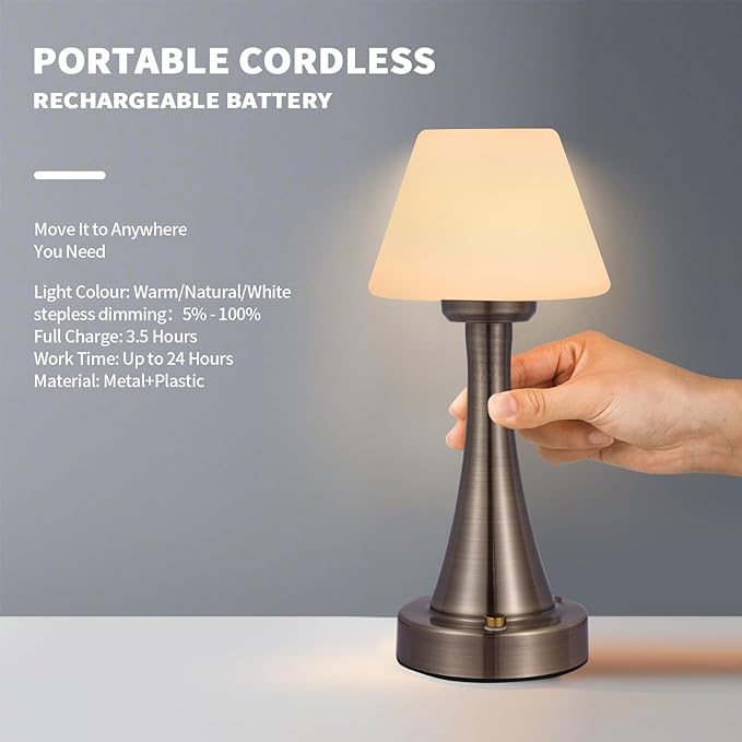 Waterproof Rechargeable Table Lamp for Shower & Outdoor, Cordless Touch Dimmable Nightstand Lamp with 3 Light Colors, Portable LED Light for Bedroom, Patio, Camping & Bar (Antique Bronze)