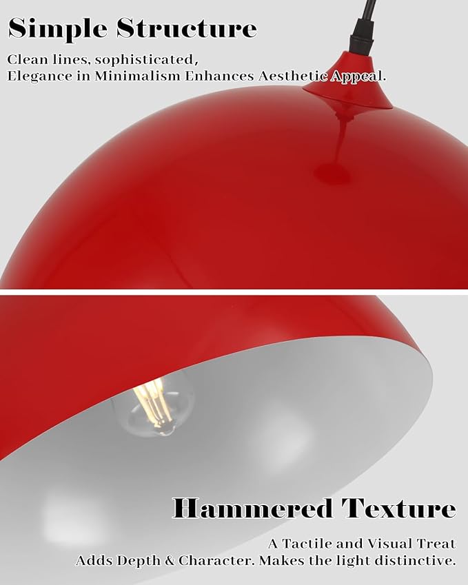 Red Pendant Lights Kitchen Island, 16" Dome Pendant Light, Modern Farmhouse Pendant Light for Kitchen Island, Dining Room, Cafe, Bar, 2 Pack