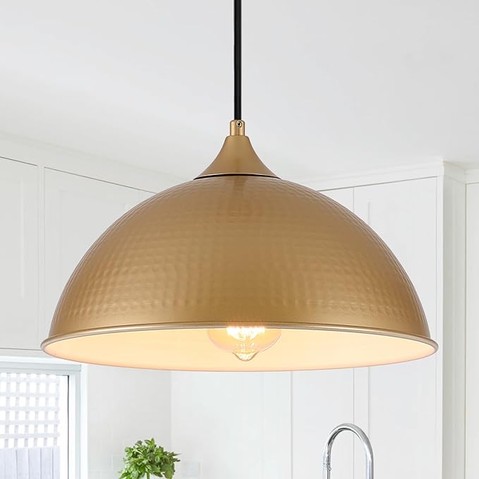Pendant Lights Kitchen Island, 12" Gold and White Dome Pendant Light Vintage Industrial Hanging Light Fixtures for Dining Room Restaurant Cafe Entryway