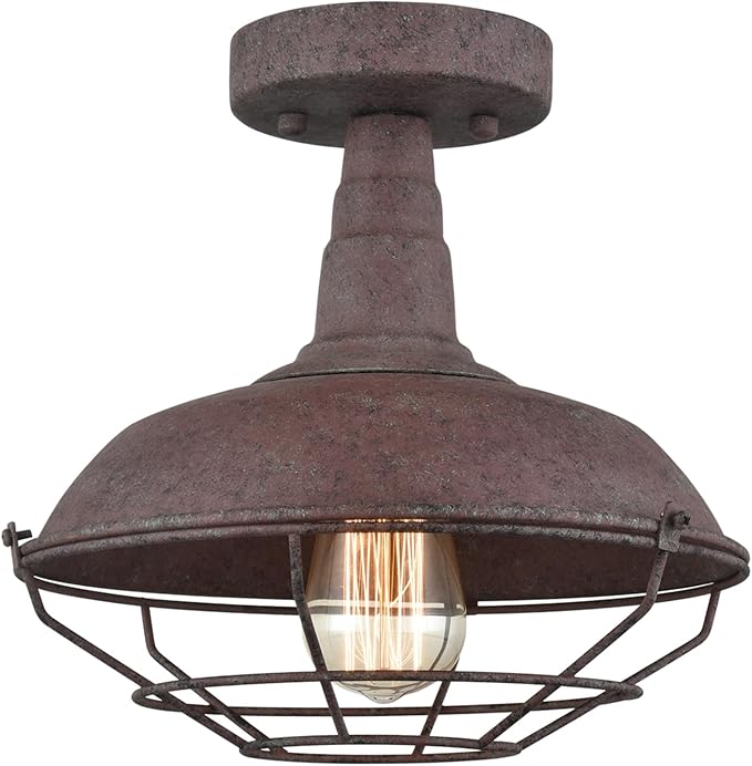 DAYCENT Rustic Semi Flush Mount Ceiling Light Barn Style Light Fixture Farmhouse Metal Cage Ceiling Light 1-Light Industrial Wire Caged Flush Mount Barn Light Rust Finish for Hallway Foyer Kitchen