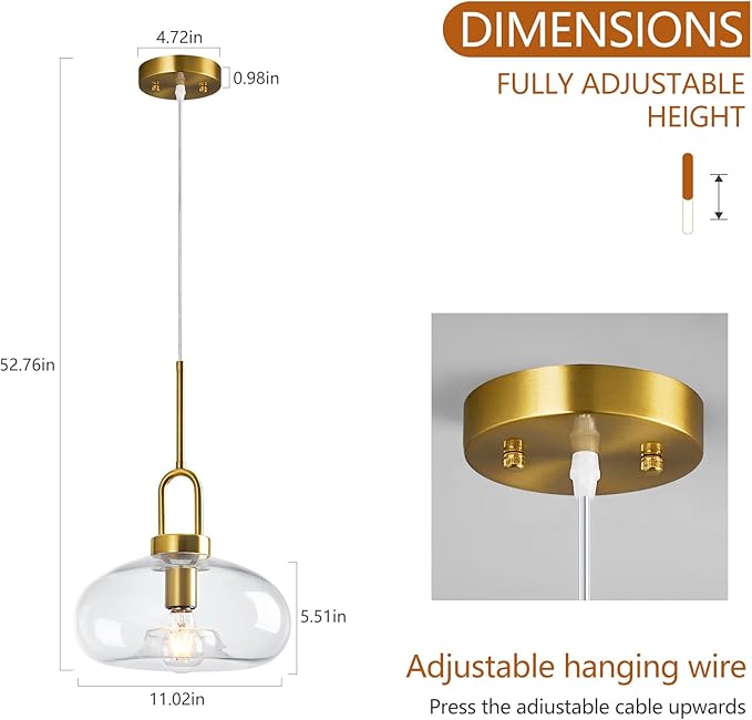 Clear Glass Pendant Lights Kitchen Island Gold Pendant Light Fixtures Adjustable Height Modern Pendant Lighting for Bedroom Dining Room (1-Pack)