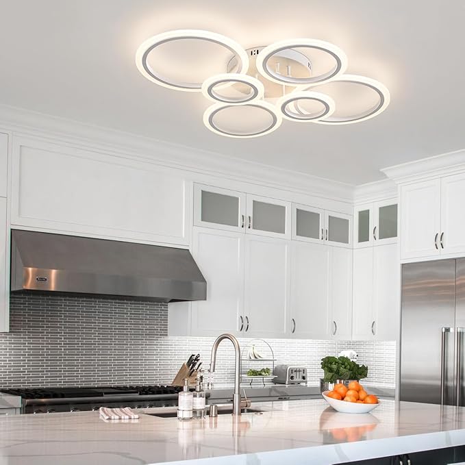 60W Modern LED Ceiling Light Fixture, Dimmable LED Chandelier Flush Mount Ceiling Lights Remote Control 6 Acrylic Ring Ceiling Lamp Fixture for Living Room Dining Room Bedroom, 7640LM