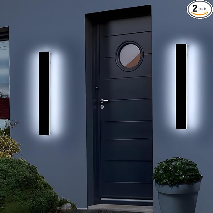 Mikeru 3CCT Dimmable Outdoor Wall Sconce 23.6" IP65 Waterproof - 2Pack Modern Black Exterior Light with Remote Control, Adjustable 3000K/4500K/6000K for Porch, Patio & Commercial Spaces | Hardwired