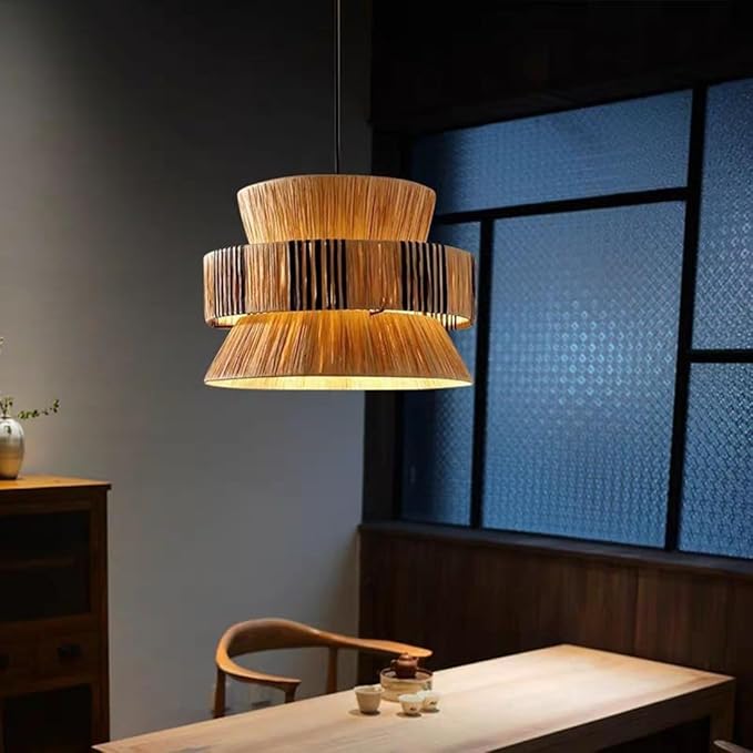 Hallway Pendant Light Fixtures Boho Rattan Chandelier Light 1-Light 15.7“ Wide Large Raffia Ceiling Hanging Light Hand Woven Pendant Lamps for Kitchen Island Dining Room