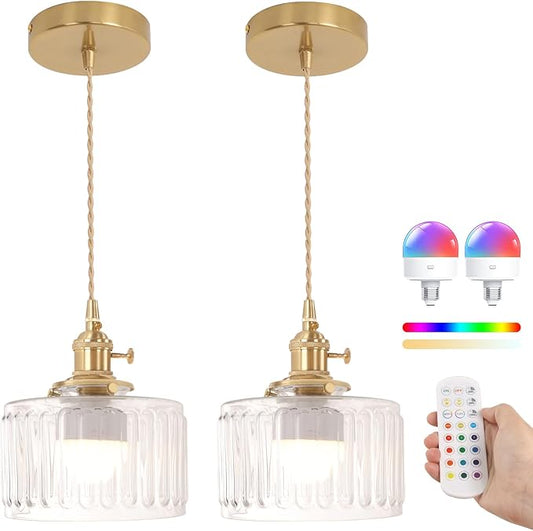 Battery Operated Pendant Light 5000mAh Rechargeable Chandelier with Remote Control Wireless Adjustable Hanging Clear Striped Light for Kitchen Island Dining Room Hallway, 2 Pack