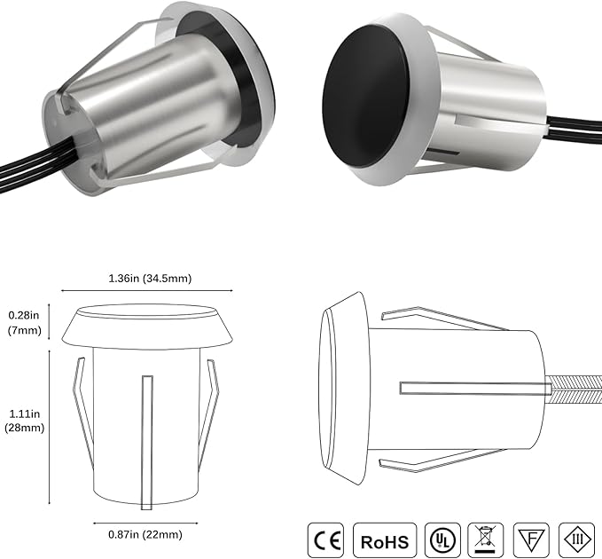 Outdoor In Ground LED Well Lights, Warm White Φ1.36in Low Voltage 12V DC In-Ground Lights, IP67 Waterproof Landscape Lighting for Yard Floor Pathway Driveway Deck Step, 8 Pack