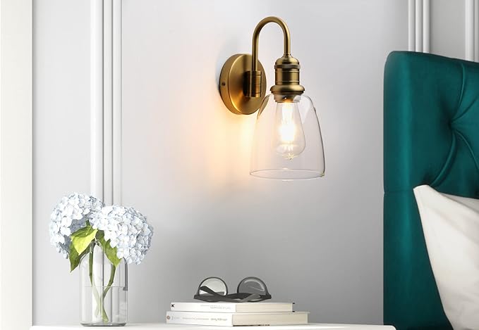 1-Light Vintage Gooseneck Wall Sconce Lamp with Cloche Clear Glass Shade, Industrial Indoor Wall Light Fixture for Bathroom Living Room Bedroom Over Kitchen Sink