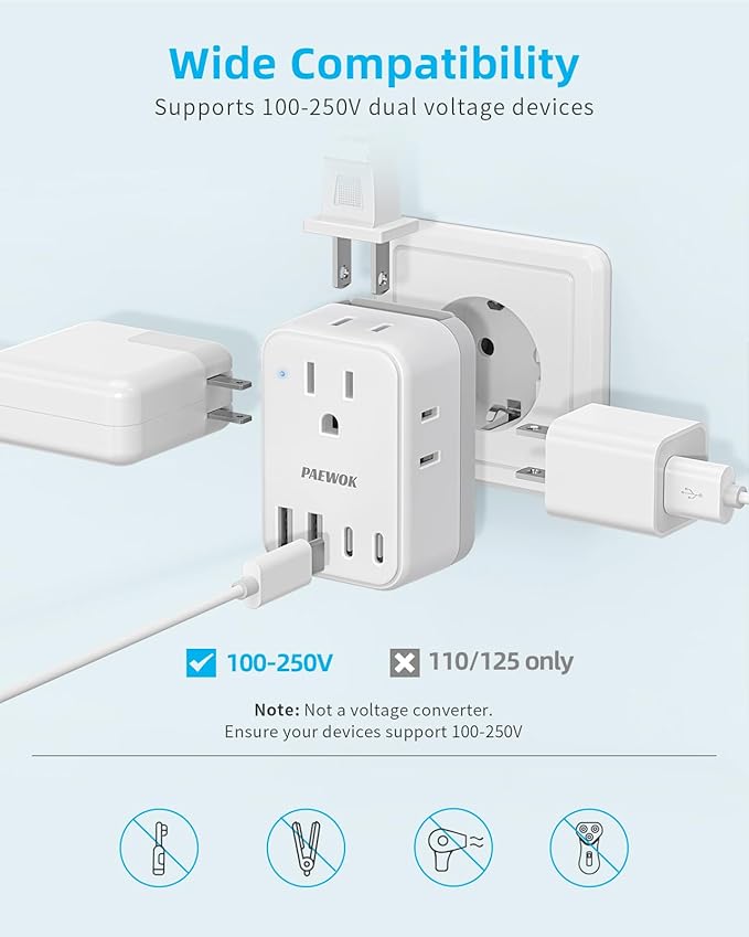 European Travel Plug Adapter Set, 8-in-1 Travel Adapter with 4 AC, 4 USB Ports (2 USB C), US to EU/UK Universal Adapter, International Power Adapter with Type C/G/A/I/D/M Detachable Plugs