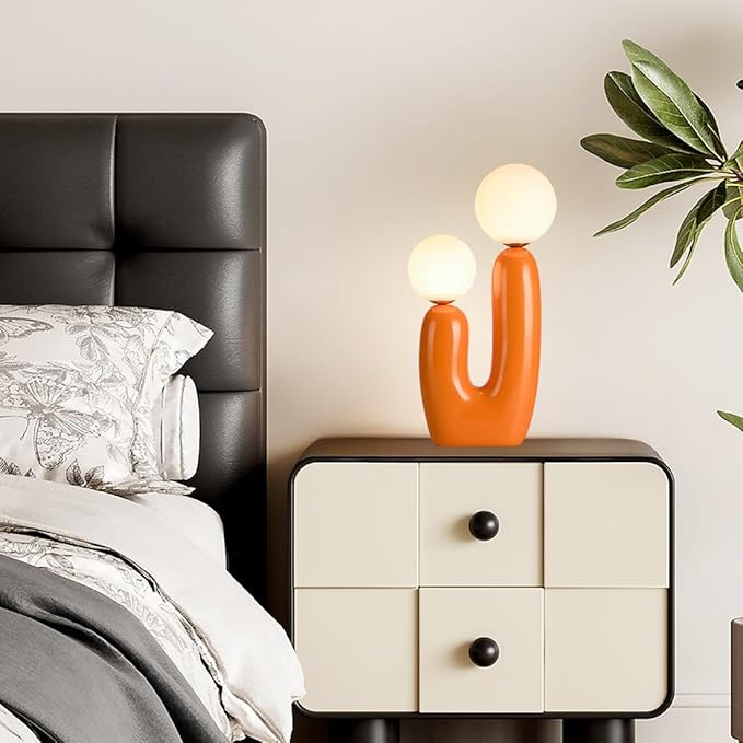Modern Orange Cactus Shape 2 Lights Table Lamp Mushroom White Milk Globe Glass Table Light Cute Resin Light Fixtures for Bedroom Living Room Children’s Room Kid’s Room Corner