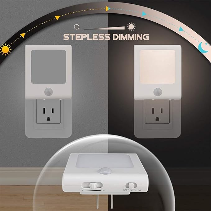 VINTAR 3 Pack Motion Sensor Dimmable LED Night Light, Plug in Nightlight with Auto Dusk to Dawn Sensor, Adjustable Brightness Warm White Lights for Hallway, Kids Room, Kitchen, Stairway, Bathroom