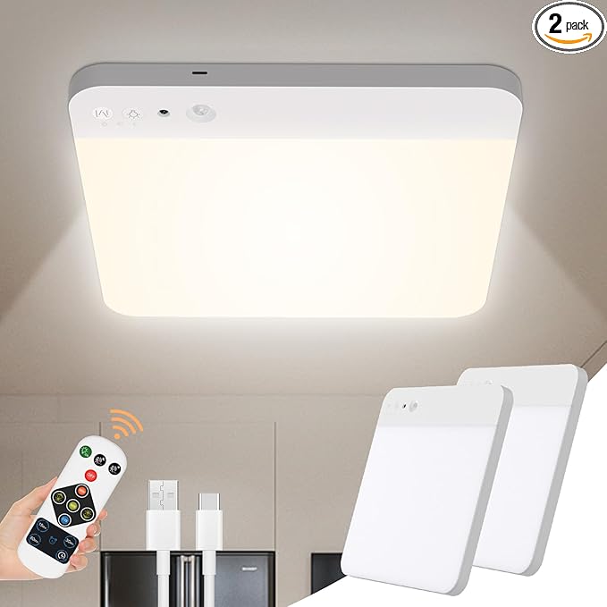 Rechargeable Motion Sensor Closet Light with Remote - Motion Sensor Ceiling Light, 400LM Magnetic Wireless Battery Operated Lights for Shower Pantry Stairs Hallway Laundry Porch -2Pack