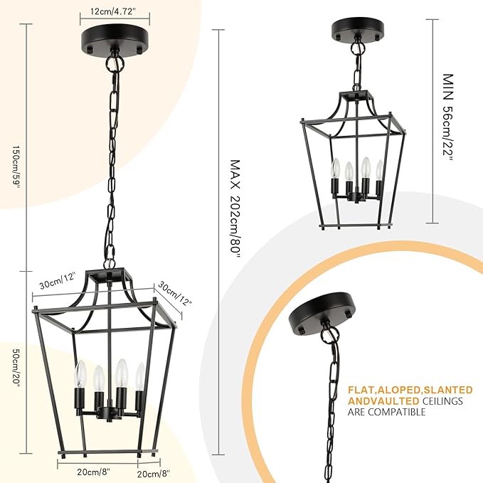 Black Lantern Pendant Light 4-Light Pendant Light Fixtures Hanging Farmhouse Chandelier with E12 Bulb Base, 12" Adjustable Lantern Light Fixture for Dining Room Kitchen Foyer