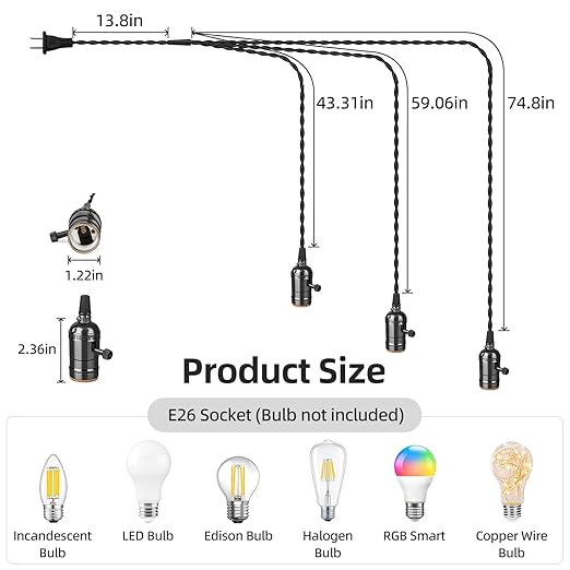 Vintage Plug-in Pendant Light Kit with 1-to-3 Hanging E26/E27 Sockets, Industrial Hanging Light with Individual Rotary Switches, Easy DIY Lighting for Living Room, Patio and Plant Corners, Black