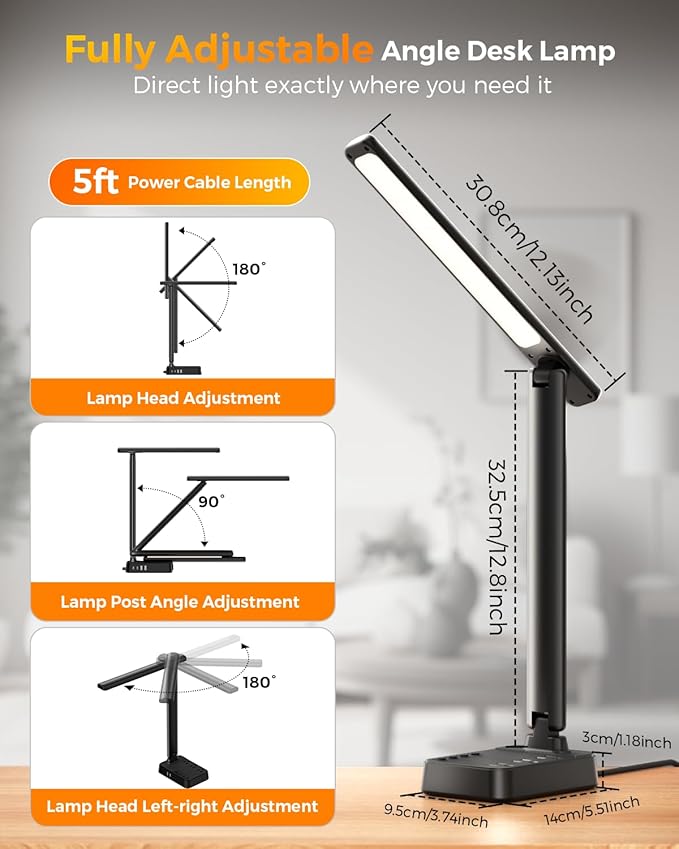 LED Desk Lamp for Office Home, Power Strip with 3 Outlets 4 USB Charging Ports(2 USBC), 4 Modes 5 Level Brightness Desk Light, Small Desk Lamp for College Dorm Room Essentials