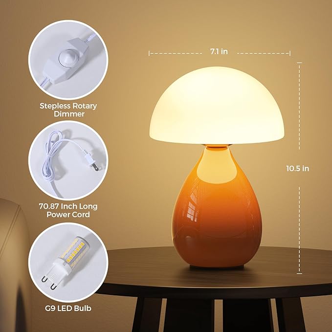 Mushroom Lamp, Vintage Small Table Lamp for Bedroom, Ice Crack Ceramic LED Night Light for Kids, Mid Century Modern Bedside Lamp for Nightstand, Living Room, Home Decor Gift Ideas for Women, Orange