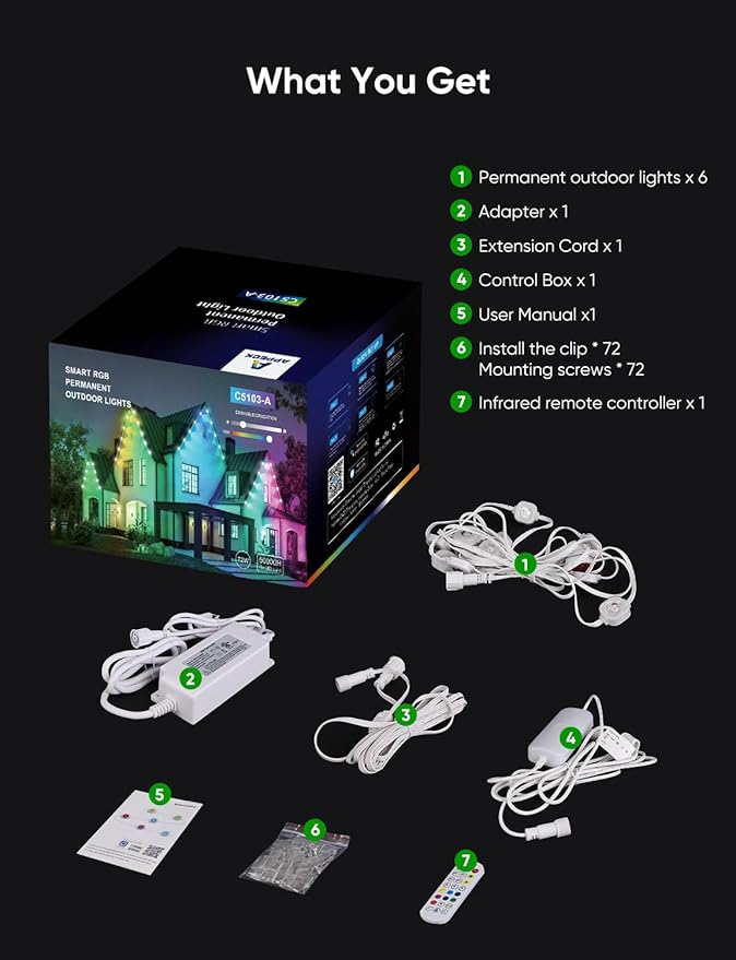 Permanent Outdoor Lights 100ft with 111 Lighting Scenes, 105° Optimal Light Angle, for Halloween Christmas, Compatible with Alexa, Google Assistant, IP67 Waterproof, Smart RGB Outdoor Lights 72 LEDs