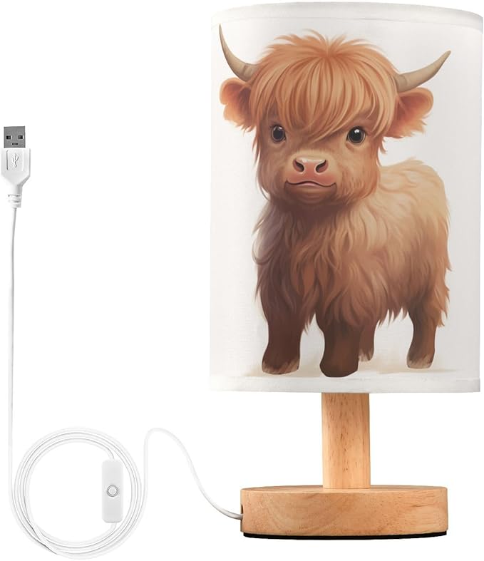 Bedside Table Lamp Cute Highland Cow Animal Nightstand Lamp with Wood Desk Lamps for Bedroom Living Room Nursery Office Home Decor