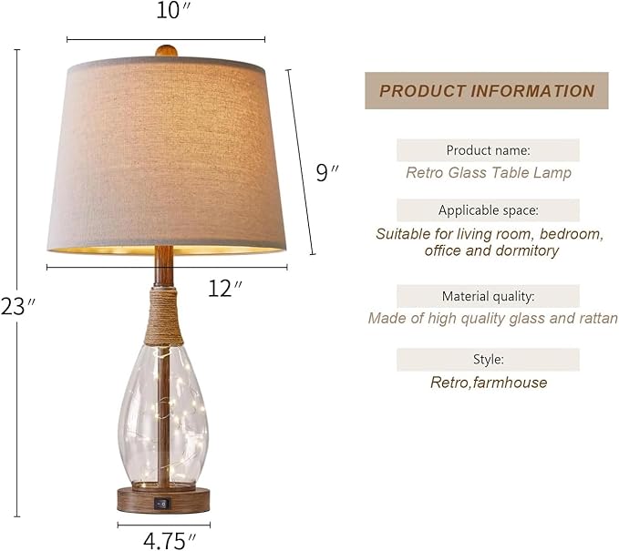 OYEARS 23" USB A+C Table Lamp for Bedroom Living Room Modern Bedside Lamps Retro Farmhouse Rattan Glass Nightstand Nightlight Lamps,Two Light Points