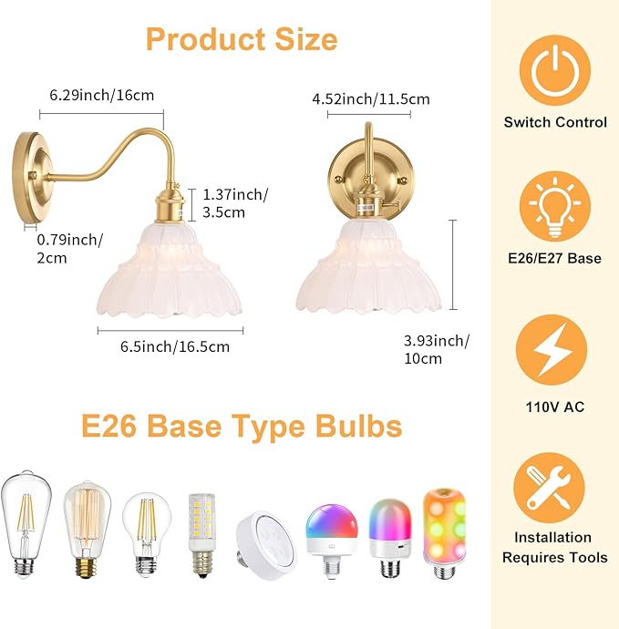 Battery Operated Wall Sconce Set of 2, Vintage Rechargeable Wall Lights with White Lily Glass Shade, Wireless Indoor Wall Lamp for Bedroom Living Room Bathroom