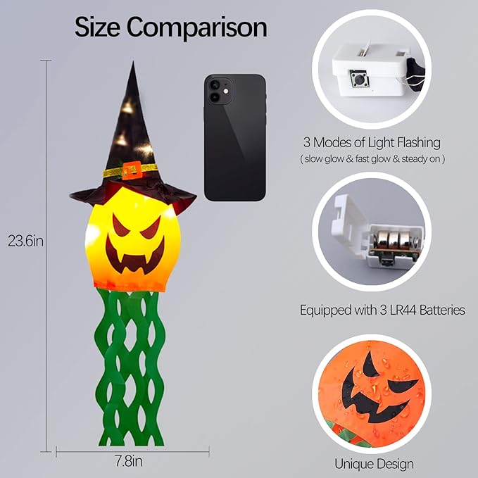Halloween Decorations Outdoor Hanging Lights Decor Glowing Pumpkin Witch Hat Led Lighted Up Scary Orange Decoration for Indoor Outside Party Tree Garden Porch Ornament (3 Pcs)