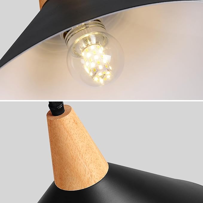 Modern Black Pendant Light Fixtures, 11.8" Farmhouse Wood Pendant Lighting, Industrial Cone Hanging Lights for Kitchen Island,Dining Room,Hallway,Barn,Entryway,Restaurant