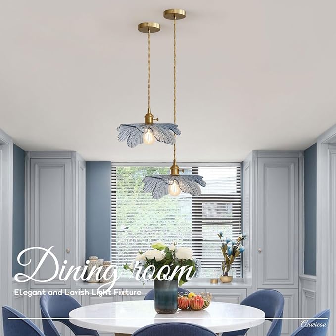 Vintage Pendant Light 2 Pack Glass Pendant Light Brass Pendant Light fixtures Kitchen Island Lighting with Blue Glass Shade Mid Century Modern Ceiling Hanging lamp for Dining Room Bedroom