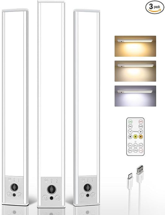 EZVALO 3-Pack Under Cabinet Lighting, 4000mAh Rechargeable Motion Sensor Light, 16inch Magnetic Closet Lights with Dimmable & 3 Color Temps, Wireless Motion Activated Lights with Remote for Kitchen