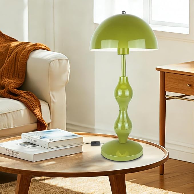 Mushroom Lamp Green,Tall Bedside Table Lamp for Living Room Kids Room Bedroom Nightstand,Flowerpot Desk Light with Button Switch, Requires E26 Bulb(not included),Iron Lampshade,Home Office Decor
