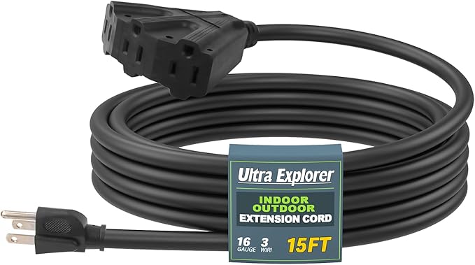 15 Ft Outdoor Extension Cord with 3 Electrical Power Outlets - 16/3 SJTW Long-Lasting Black Cable with 3 Prong Grounded Plug