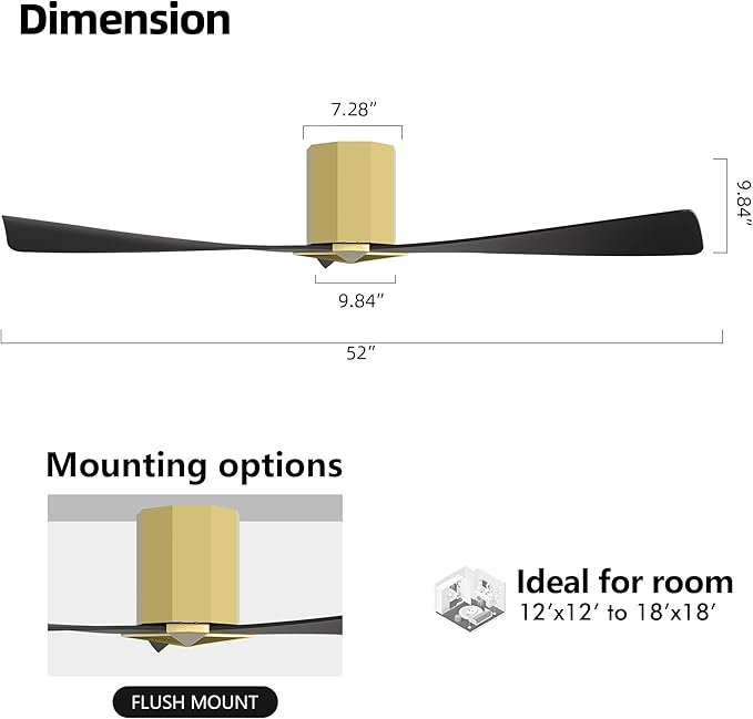 WINGBO 52" Ceiling Fan no Light - Brass and Black DC Flush Mount Ceiling Fan, 3 ABS Plastic Curved Blades, 6 Speed Reversible DC Motor, Hugger Ceiling Fans No Light for Kitchen, Bedroom, Living Room