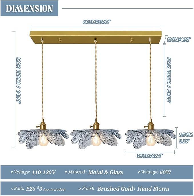 3 Light Pendant Lighting Blue Glass Pendant Light Brushed Brass Pendant Light fixtures Vintage Farmhouse Chandelier Hand Blown Hanging Light for Kitchen Dining Room Bedroom