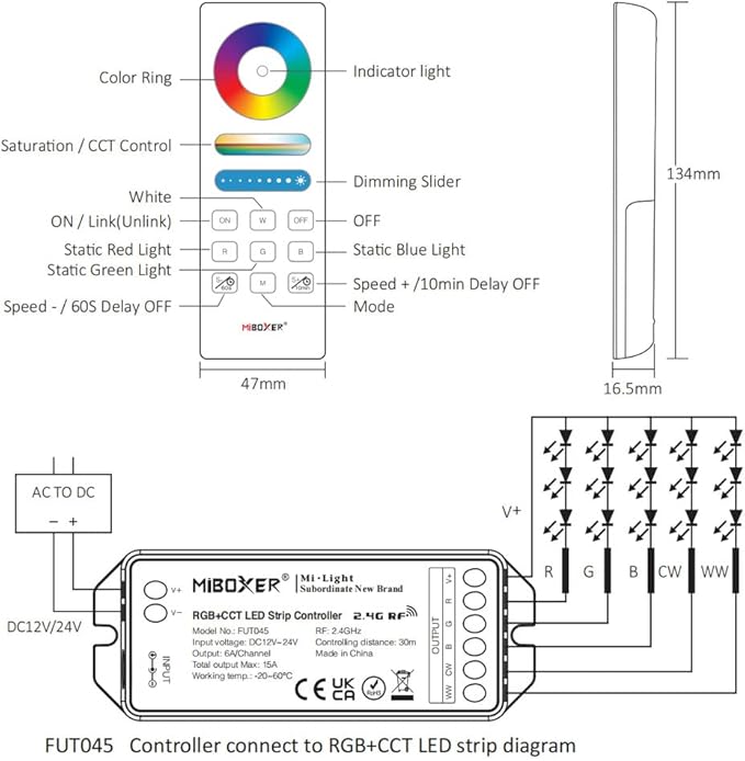DC12-24V FUT043A+ Remote Control Indoor RGB CCT LED Controller Kit (5in1 Remote kit)