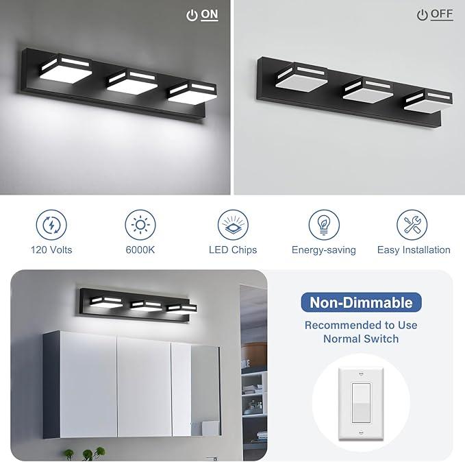 24-Inch 3-Light LED Modern Black Bathroom Vanity Light Fixtures Over Mirror, Bathroom Lighting Fixtures with Cool White 6000K, Vanity Wall Lights for Bath Restroom Powder Room