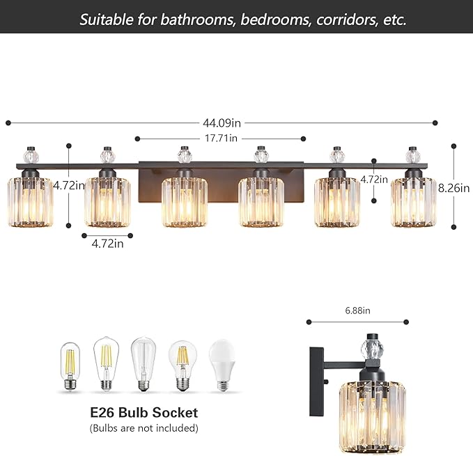 Bathroom Vanity Lights 6-Light Sand Black Modern Crystal Vanity Light Fixtures Over Mirror Crystal Bathroom Vanity Lighting Fixtures