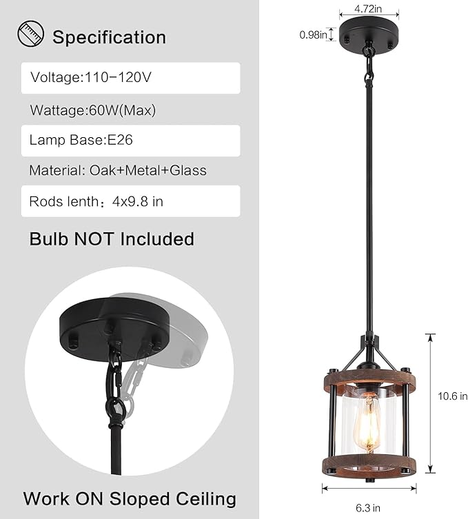 SGLfarmty Farmhouse Pendent Lights for Kitchen Island, Rustic Black and Wood Light Fixtures with Glass, Blown Pendant Lamps Over Table, Vintage Chain Hanging Light for Dining Room, Sink, Bar, 1 Pack