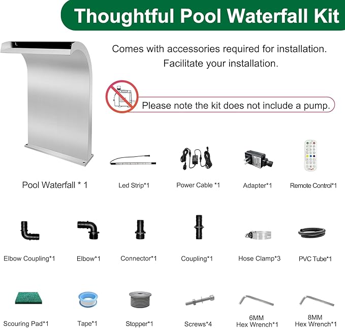 LONGRUN Waterfall Spillway Stainless Steel S-Shaped Pool Fountain, RF & APP Controled Colorful LED Light Pond Waterfalls for Indoor Outdoor Garden Rockery Koi Pond Swimming Pools-20 Height