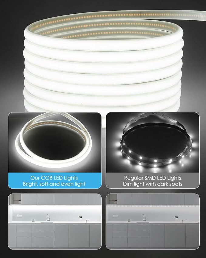 Aclorol 5V COB LED Strip Light 6000K Cold White Waterproof IP67 Dimmable 20FT LED Rope Lights with Timer 8mm Width for Bedroom Kitchen Balcony Railing Pergola Indoor Outdoor Lighting Decoration CRI90+