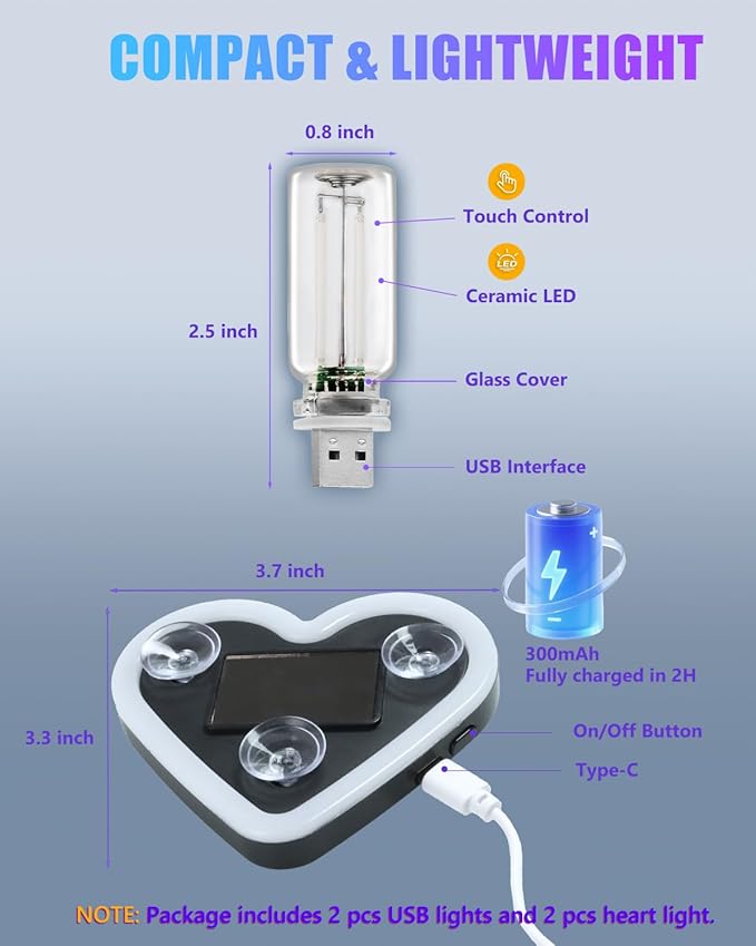 Valentines Day Decorations Car LED Interior Lights, Solar & Type-C Rechargeable Heart-Shaped Car Ambient Lights, 2 PCS Heart Lights & 2 PCS Mini USB Lights, Blue Car Decorations