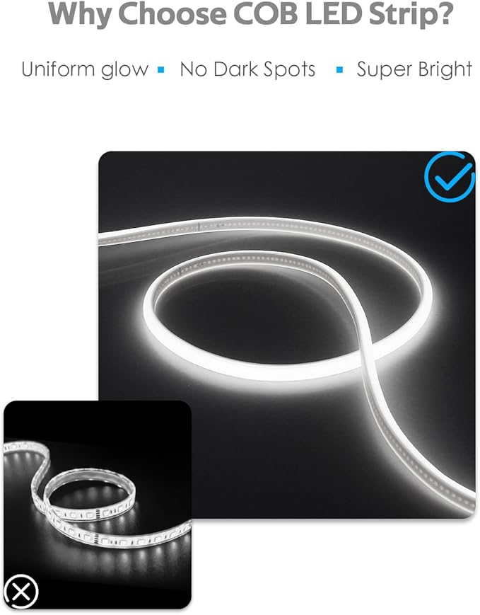 Outdoor COB LED Rope Lights Waterproof with Switch IP65 20FT/6M AC110V-120V LED Strip Light Daylight White 6000K 1728LED/6M Super Density Bright LED Tape Light Indoor for Garden Decor