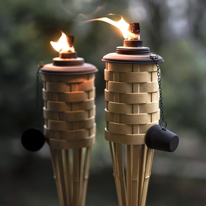 ONETHATCH Bamboo Torches, Outdoor Citronella Torch (Weathered Color, 4pack); Large Patio Torch, Great for Tropical Decor, Lighting, and Luau Party; Easy Refill Wide-Mouth Canister, Stands 60" Tall