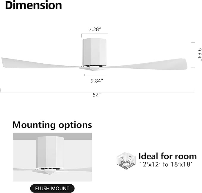 52" Ceiling Fan no Light - Gloss White DC Flush Mount Ceiling Fan, 3 ABS Plastic Curved Blades, 6 Speed Reversible DC Motor, Hugger Ceiling Fans No Light for Kitchen, Bedroom, Living Room