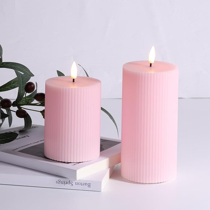 Pink Ribbed Flameless Pillar Candles with Remote, Flickering LED Wax Candles Battery Operated Set of 2