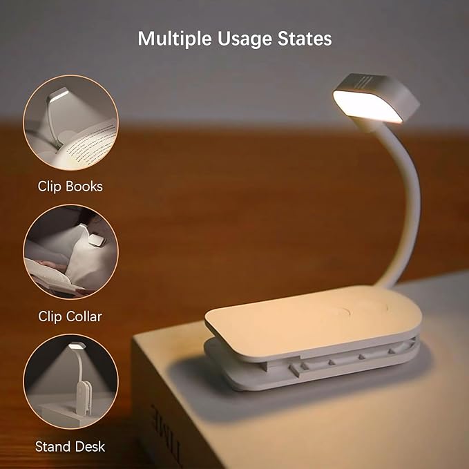 Portable LED Reading Lights, Eye Caring 3 Color Temperatures and Dimming Brightness Book Lights, Lightweight USB Rechargeable Clip-On Lamp for Book Lovers Night Reading (White)