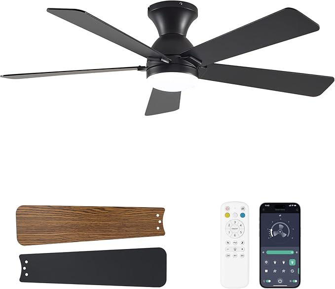 Ceiling Fans with Lights and Remote, 48 Inch Ceiling Fan with Light, Low Profile Reversible Fandelier Ceiling Fan, Dimmable LED, Flush Mount, Quiet DC Motor, for Bedroom Kitchen Dining Room