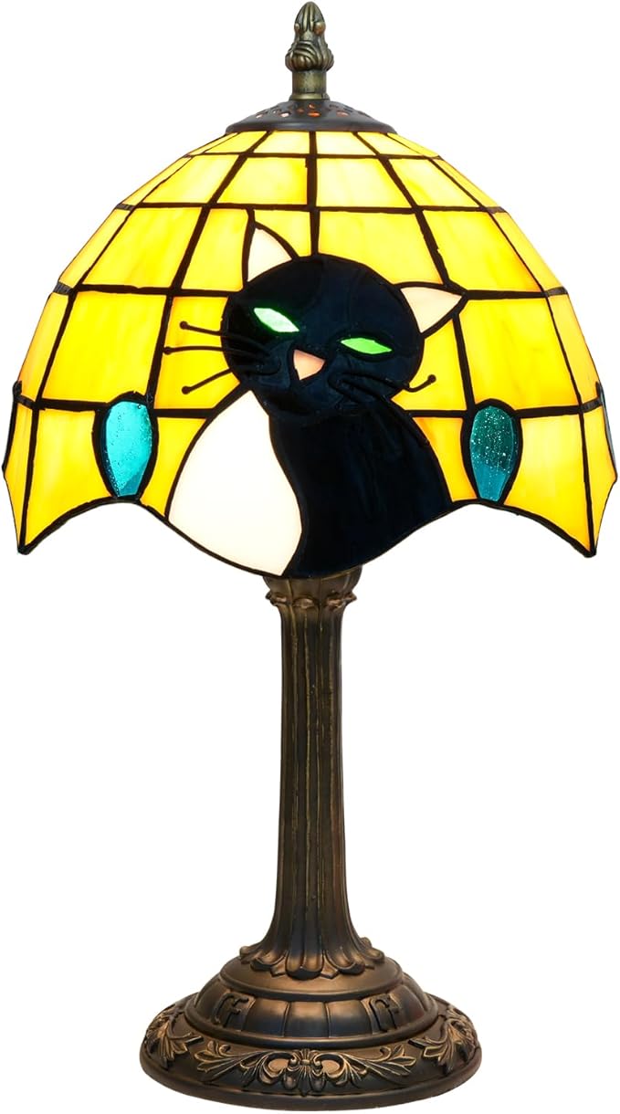 Small Tiffany Lamp Stained Glass Table Lamp Elegant Cute Retro Vintage Style White Black Cat Bedside Night Lamp For Nightstand Bedroom Home Decor Kitchen Counter Antique Living Room Office Fun Lamps