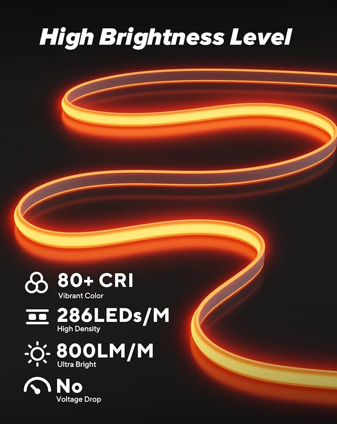 Shine Decor COB LED Rope Light AC 120V, 800lm Ultra Bright, IP65 Waterproof Cold-Resistant ETL Neon Strip, No Driver Tape Lighting for Home Commercial 10x4.5mm, Amber, 16.4ft
