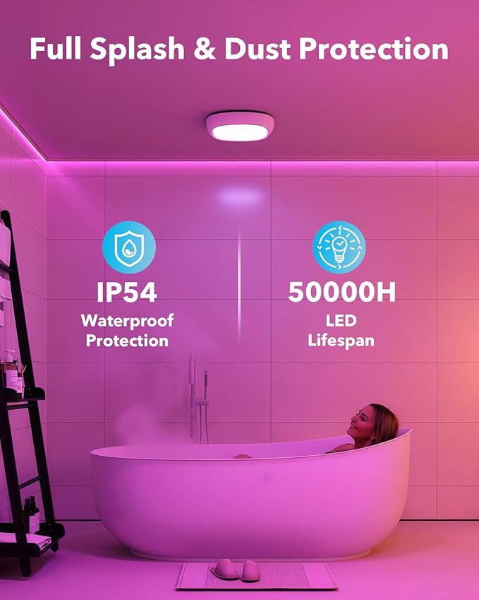 Rechargeable IP54 Waterproof Shower Light Indoor, 12000mAh Motion Sensor Wireless RGB Ceiling Light with Remote No Wiring, Battery Operated Closet Lights Cordless LED Overhead Lighting for Bathroom
