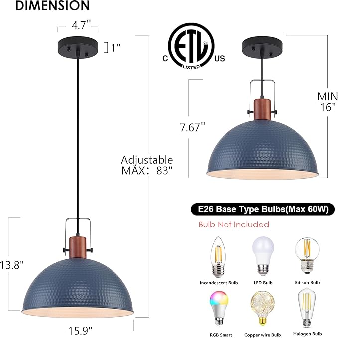 16 Inch Blue Pendant Lights Hammered Matte Pendant Lights for Kitchen Island Industrial Farmhouse Adjustable Height Dome Hanging Light Fixtures for Barn, Dining Room 2 Packs