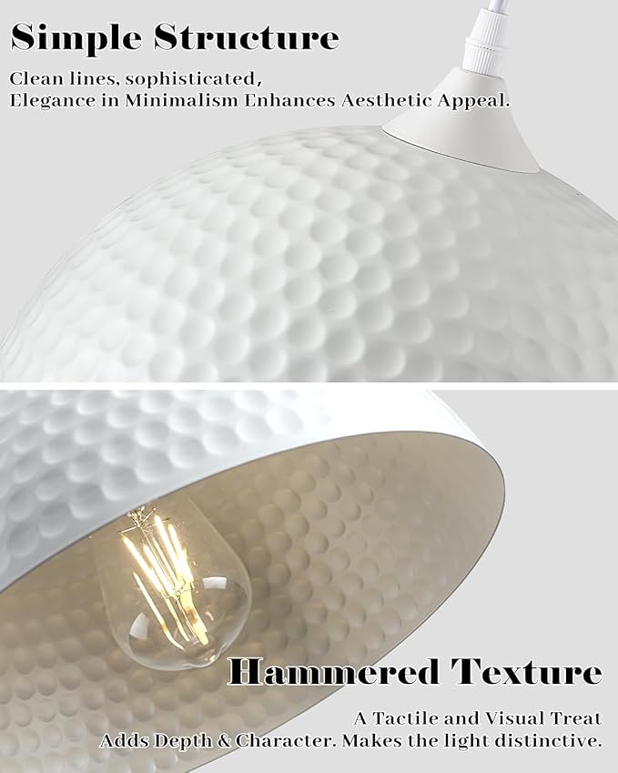 Hammered White Dome Pendant Light 2 Pack, White and Gold Pendant Lights,12 Inch Metal Industrial Pendant Light, Kitchen Island Pendant Lights for Kitchen, Dining Room, Bar