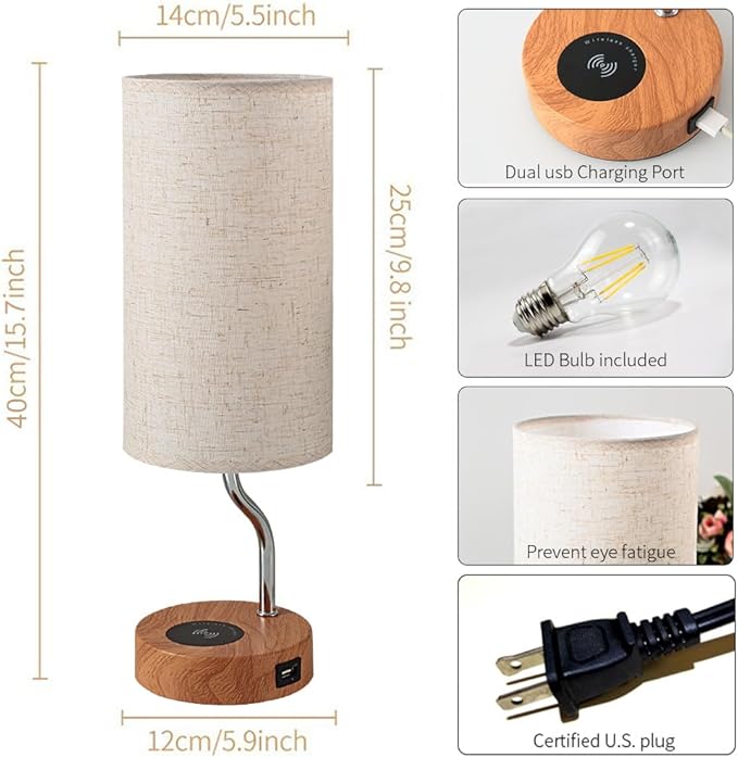Upgraded Smart Bedside Table Lamp with Wireless Charger & USB Port - Touch Control LED Desk Lamp for Bedroom, Dimmable Wooden Nightstand Lamp with Fabric Shade for Home Living Room, Kid's Room Cream